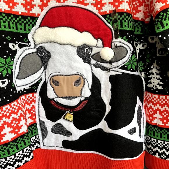 Mad Engine Ugly Christmas Moo Sweater Crewneck Cow Bell Fair Isle  Mens M NWT - Picture 2 of 4